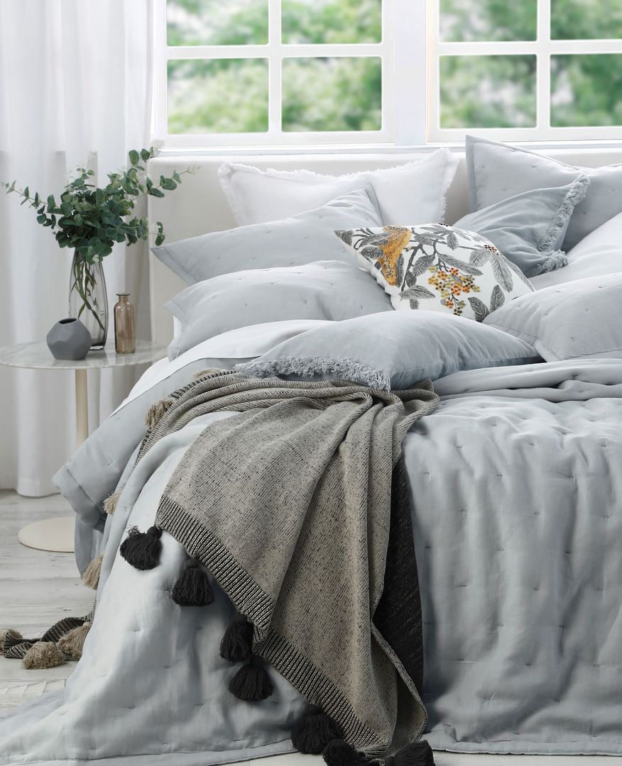 MM Linen - Laundered Linen Bedspread Set -  Quilted Euros and Tassel Pillowcases - Pewter image 1